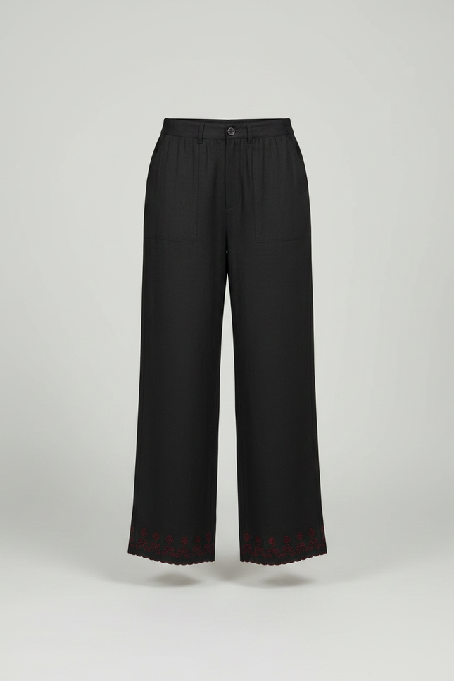 Pantalon Chinois Noir Brodé Fluide Femme Élégant - Viscose - vue 3