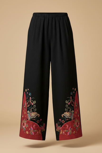 Pantalon Chinois Noir Brodé Ample Ethnique Coton - vue 3