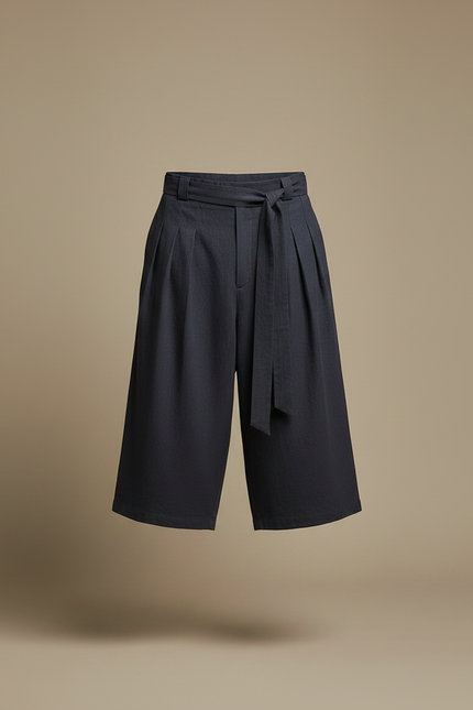 Pantalon Chinois Ample Ceinturé Lin Coton Décontracté - Marine - vue 3