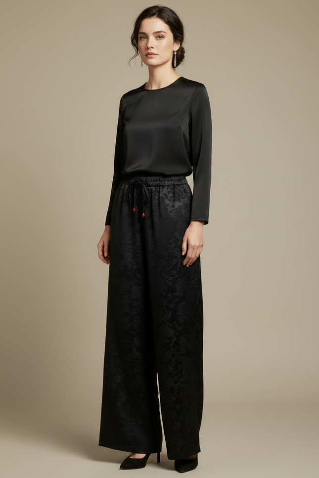 Pantalon Chinois Noir Jacquard Satin Ample Élégant Femme - vue 3