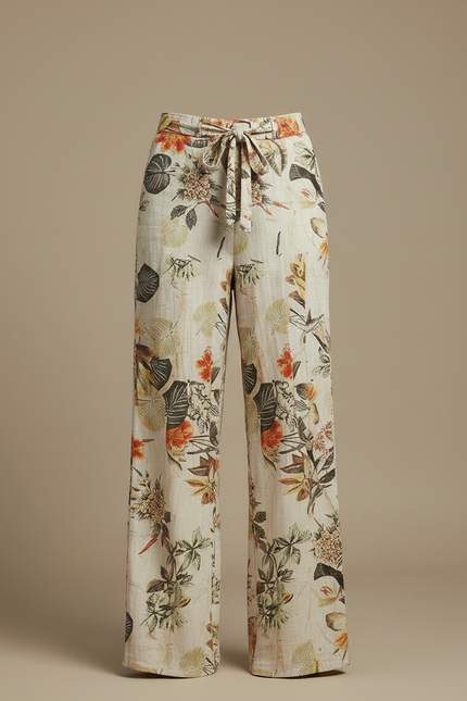 Pantalon Chinois Beige Floral Ample Fluide Cordon - Lin - vue 3