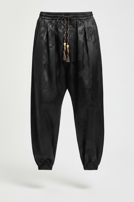 Pantalon Chinois Noir Satiné Jacquard Dragon Ample Harem - vue 3