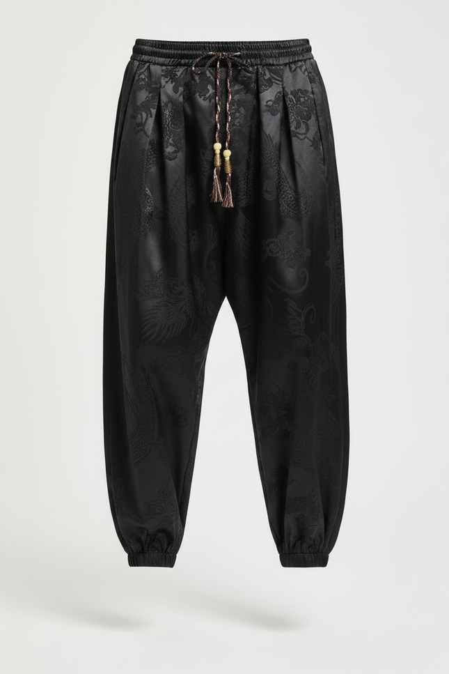 Pantalon Chinois Noir Satiné Jacquard Dragon Ample Harem - vue 3