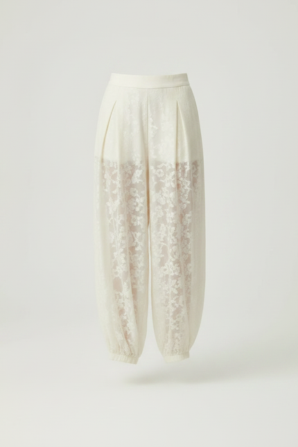 Pantalon Chinois Écru Brodé Floral Transparent Femme - Beige Lin - vue 3