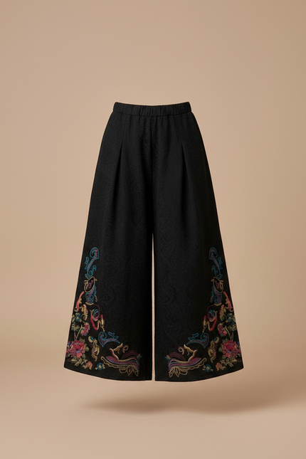 Pantalon Chinois Noir Brodé Ethnique Ample Jacquard Fille - Polyester - vue 3