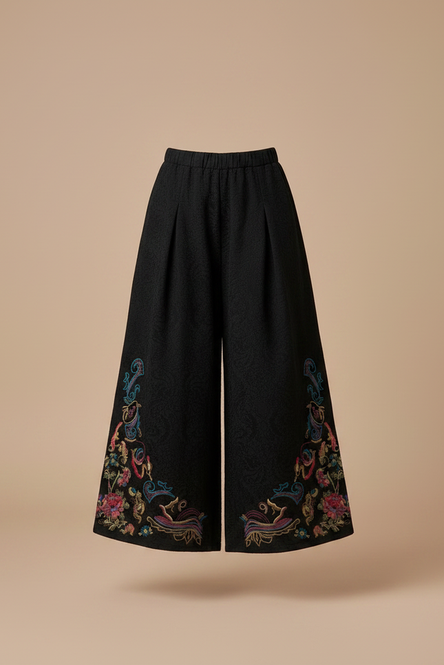 Pantalon Chinois Noir Brodé Ethnique Ample Jacquard Fille - Polyester - vue 3