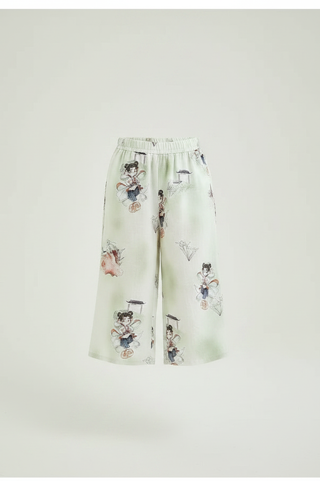 Pantalon Chinois Vert Clair Motif Fille Décontracté - Soie - vue 3