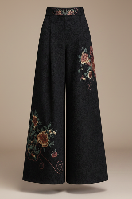 Pantalon Chinois Noir Brodé Floral Jacquard Ample Vintage - Laine - vue 3