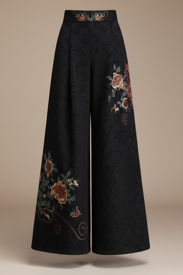 Pantalon Chinois Noir Brodé Floral Jacquard Ample Vintage - Laine - vue 3
