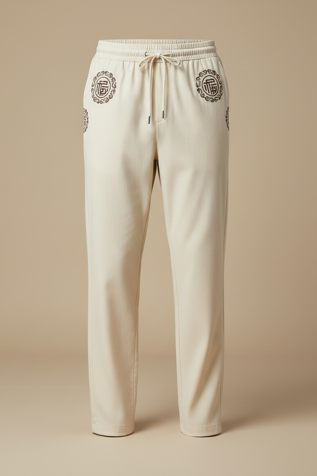 Pantalon Chinois Beige Motif Brodé Coton Ample Homme - vue 3