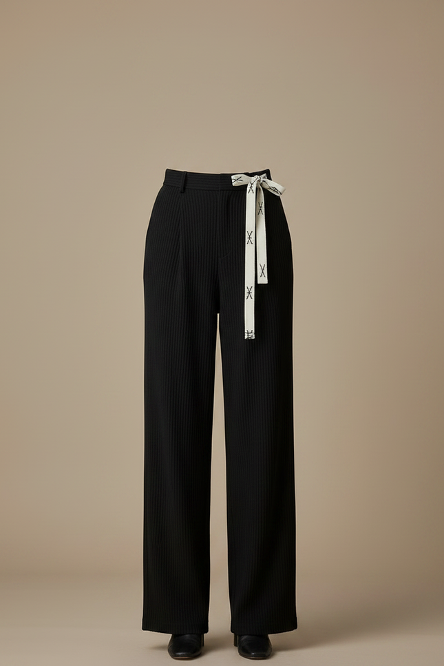 Pantalon Chinois Noir Côtelé Ample Décontracté Ceinture - Cordé - vue 3
