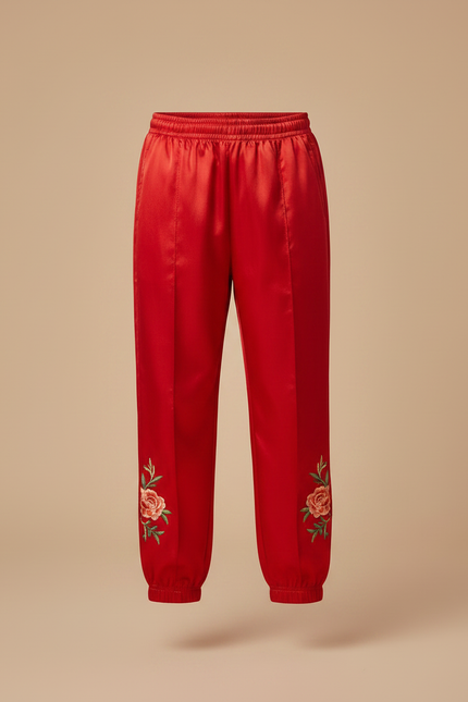 Pantalon Chinois Rouge Satiné Brodé Fleurs Enfant - vue 3