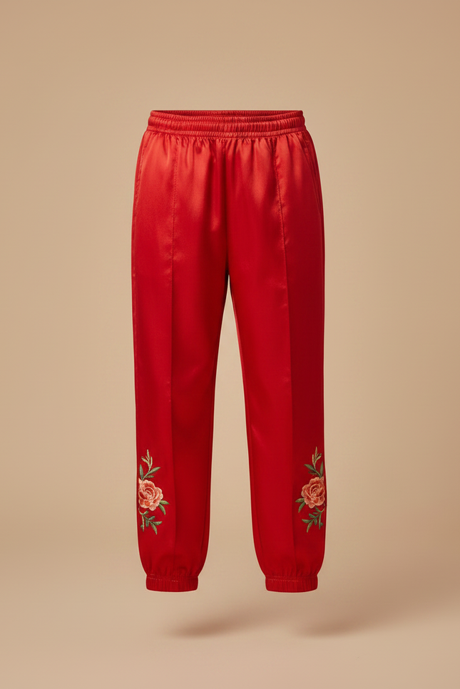 Pantalon Chinois Rouge Satiné Brodé Fleurs Enfant - vue 3
