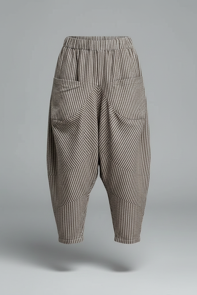 Pantalon Chinois Rayé Coton Lin Ample Élastique - Marron - vue 3