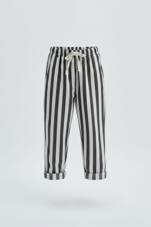 Pantalon Chinois Rayé Noir Blanc Coton Ample Fille - Multicolore - vue 3