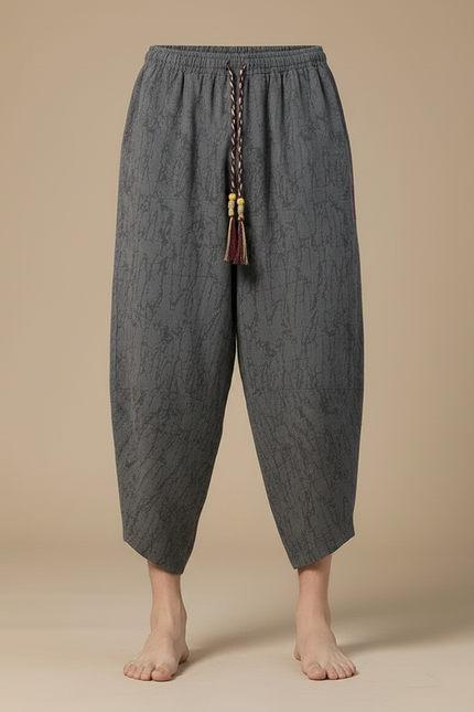 Pantalon Chinois Gris Ample Coton Lin Décontracté Motif - vue 3