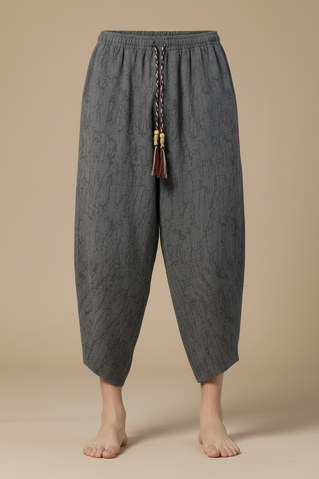 Pantalon Chinois Gris Ample Coton Lin Décontracté Motif - vue 3