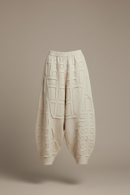 Pantalon Chinois Beige Lin Ample Texturé Géométrique - vue 3