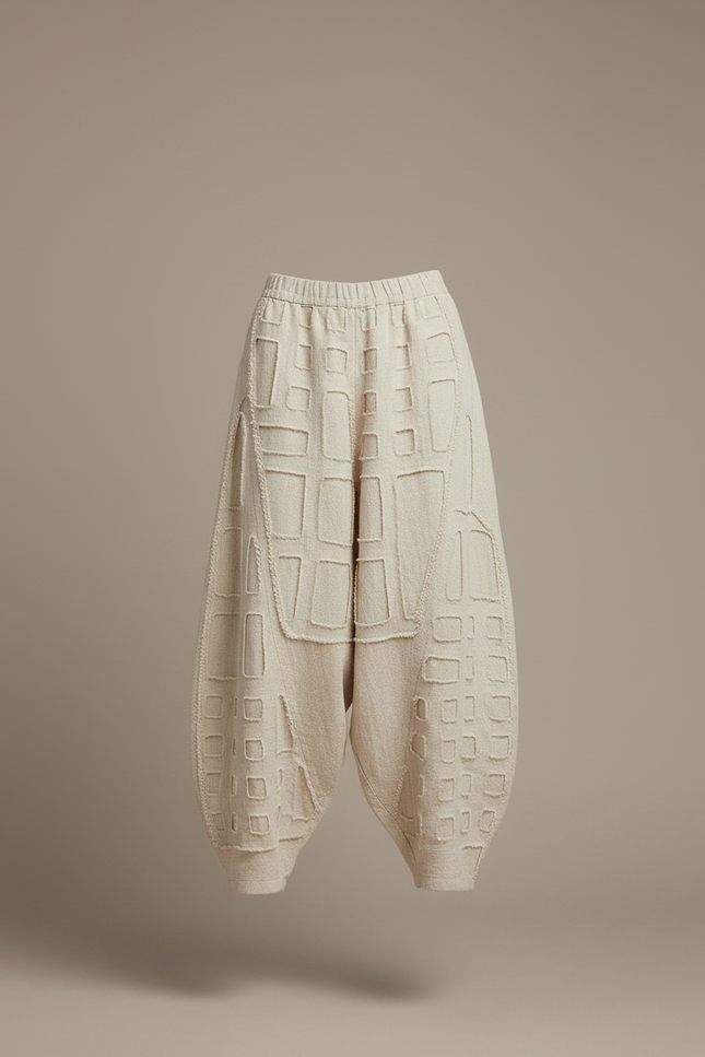 Pantalon Chinois Beige Lin Ample Texturé Géométrique - vue 3