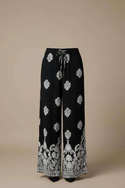 Pantalon Chinois Noir Imprimé Floral Ample Fluide Cordon - Viscose - vue 3