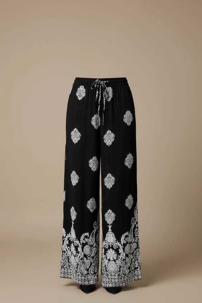 Pantalon Chinois Noir Imprimé Floral Ample Fluide Cordon - Viscose - vue 3