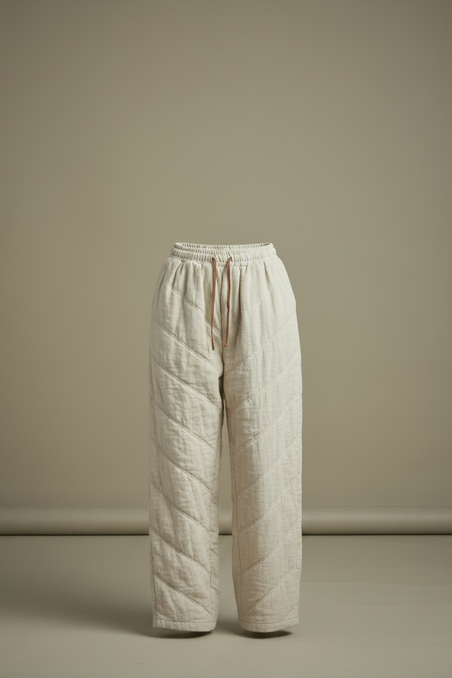 Pantalon Chinois Matelassé Écru Ample Coton Lin - Beige - vue 3