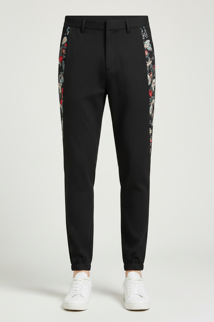 Pantalon Chinois Noir Brodé Floral Décontracté Homme - Polyester - vue 3