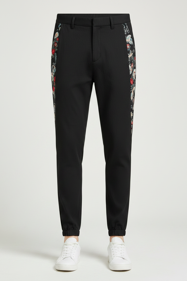 Pantalon Chinois Noir Brodé Floral Décontracté Homme - Polyester - vue 3