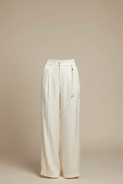 Pantalon Chinois Satin Jacquard Écru Ample Élégant Femme - Beige - vue 3