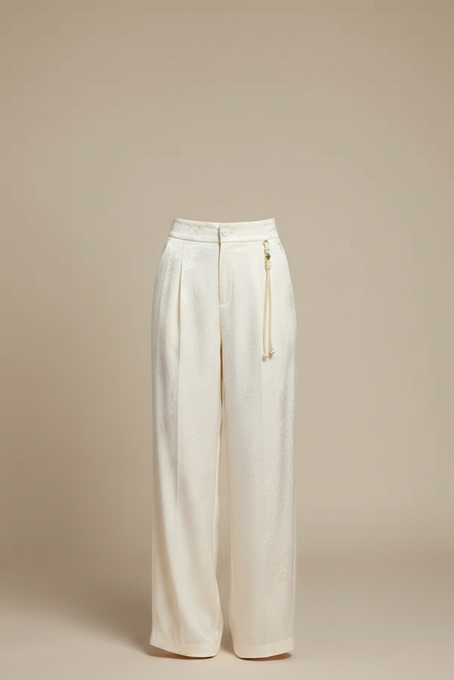 Pantalon Chinois Satin Jacquard Écru Ample Élégant Femme - Beige - vue 3