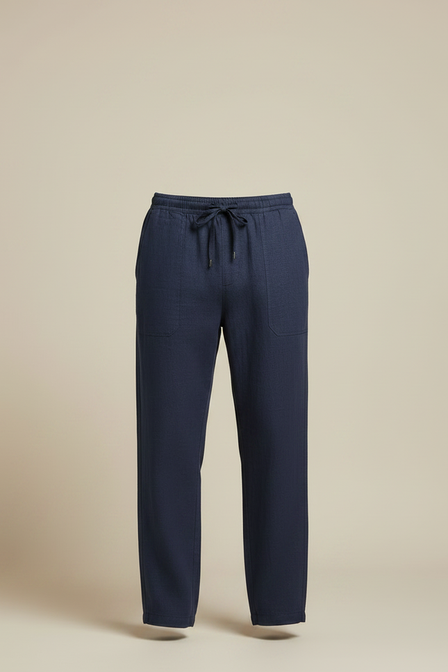 Pantalon Chinois Lin Bleu Marine Ample Décontracté Cordon - vue 3