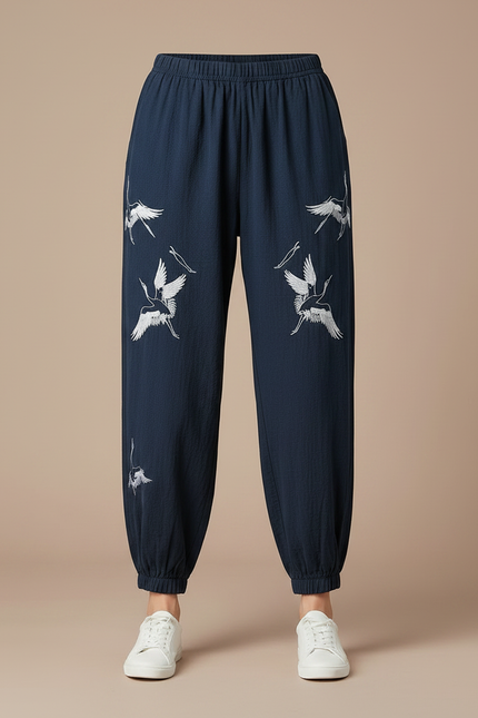 Pantalon Chinois Bleu Marine Brodé Grue Ample Décontracté - Lin - vue 3