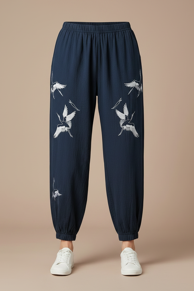 Pantalon Chinois Bleu Marine Brodé Grue Ample Décontracté - Lin - vue 3