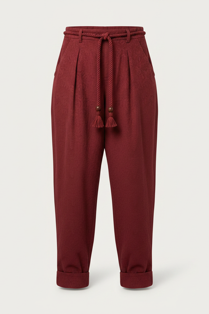 Pantalon Chinois Rouge Sarouel Texturé Ample Femme - Bordeaux Coton - vue 3