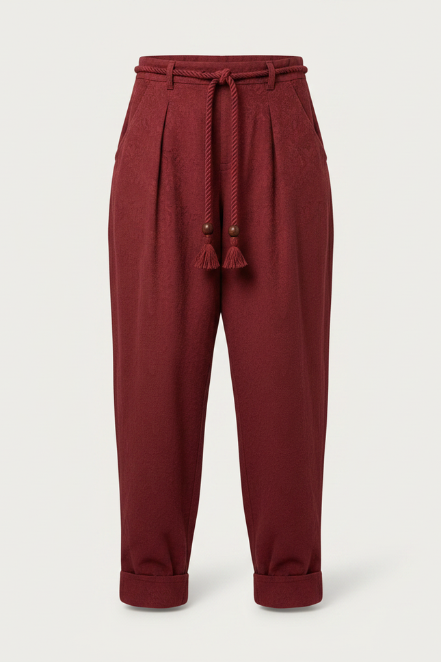 Pantalon Chinois Rouge Sarouel Texturé Ample Femme - Bordeaux Coton - vue 3