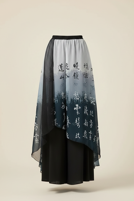 Pantalon Chinois Jupe Ample Chiffon Encre Imprimé Dégradé - Noir Satin - vue 3