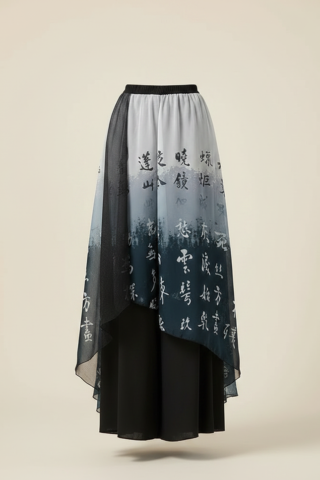 Pantalon Chinois Jupe Ample Chiffon Encre Imprimé Dégradé - Noir Satin - vue 3