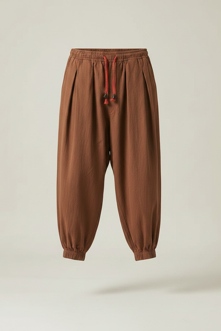 Pantalon Chinois Harem Coton Lin Marron Ample Homme - vue 3