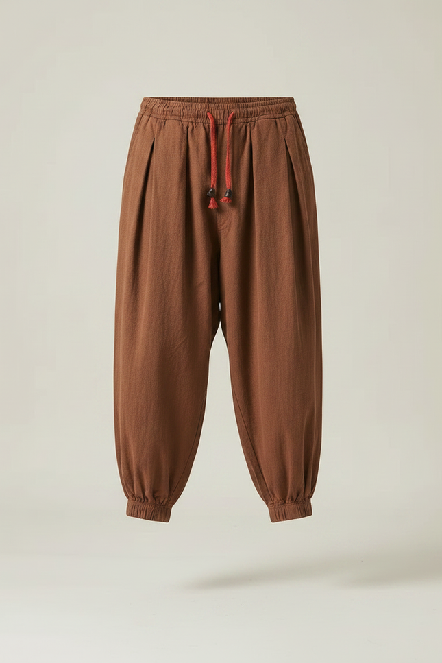 Pantalon Chinois Harem Coton Lin Marron Ample Homme - vue 3
