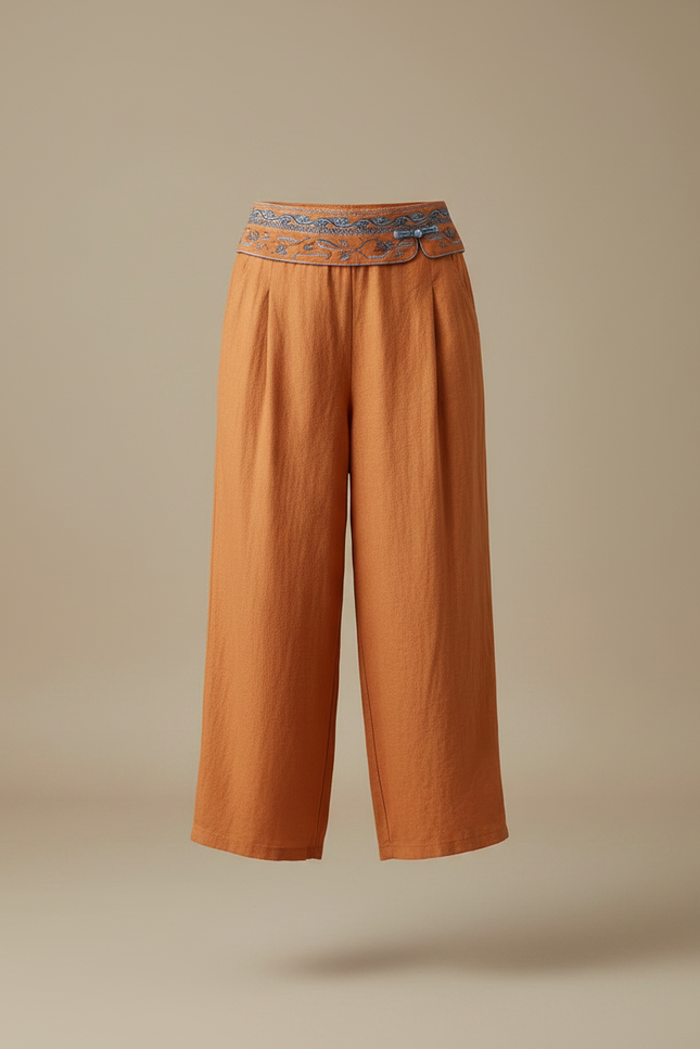 Pantalon Chinois Brodé Lin Ample Taille Haute - Orange - vue 3