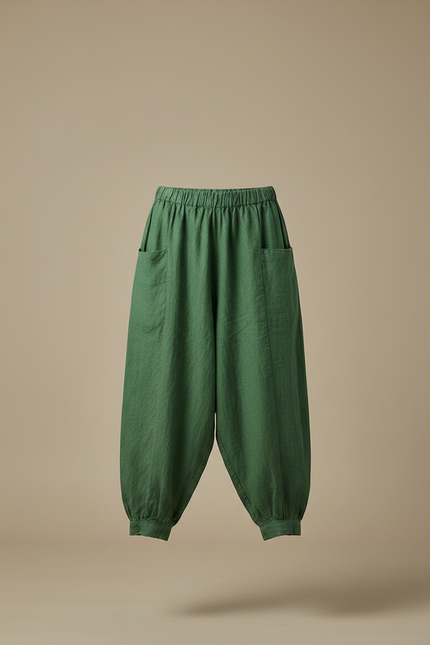 Pantalon Chinois Vert Ample Lin Harem Décontracté - vue 3