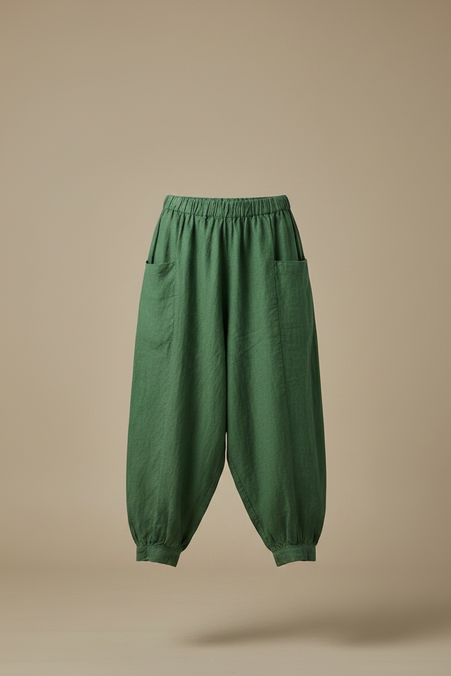 Pantalon Chinois Vert Ample Lin Harem Décontracté - vue 3