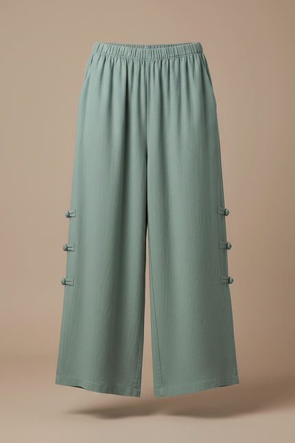 Pantalon Chinois Vert Sauge Lin Ample Boutons Latéraux - vue 3