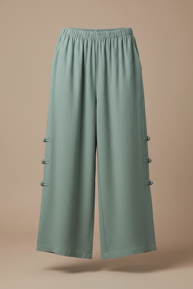 Pantalon Chinois Vert Sauge Lin Ample Boutons Latéraux - vue 3