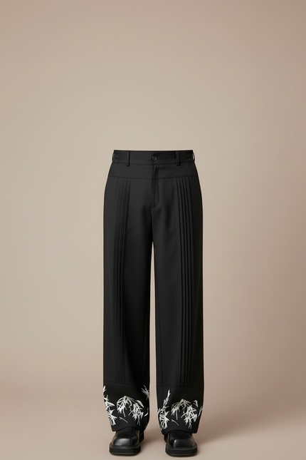 Pantalon Chinois Noir Plissé Brodé Ample Décontracté Homme - Polyester - vue 3