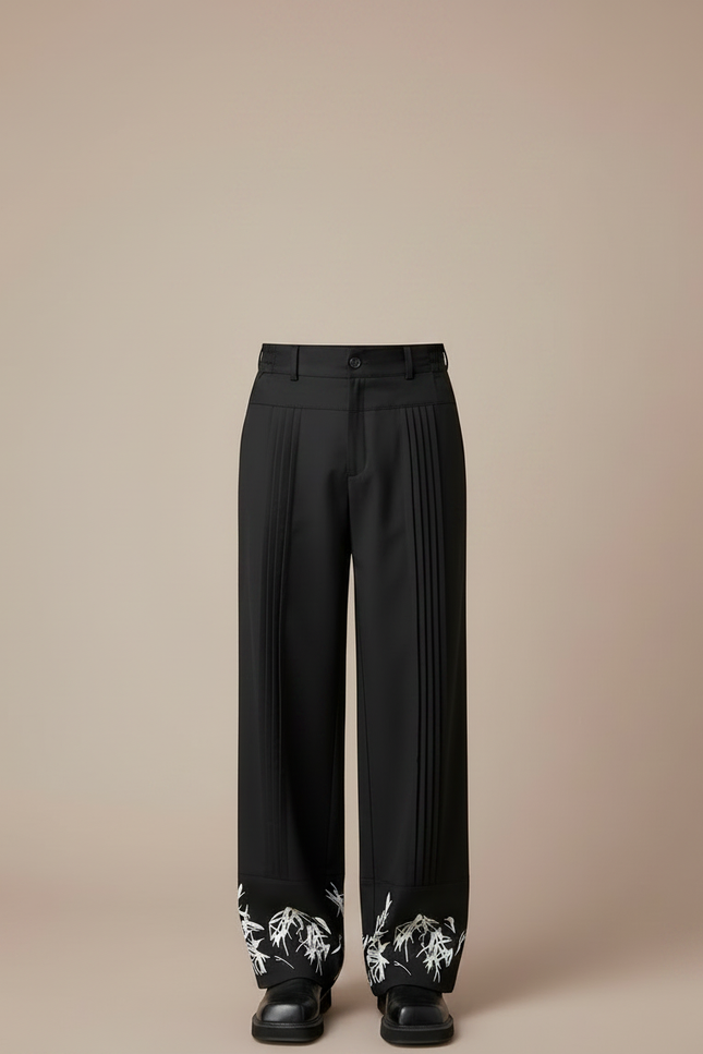 Pantalon Chinois Noir Plissé Brodé Ample Décontracté Homme - Polyester - vue 3