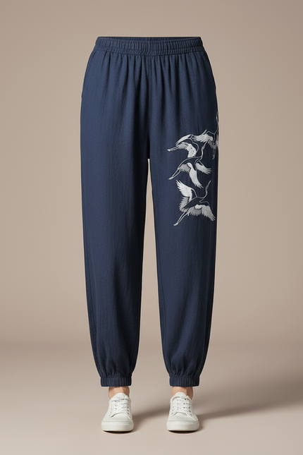 Pantalon Chinois Bleu Marine Ample Cigognes Brodé Coton - vue 3
