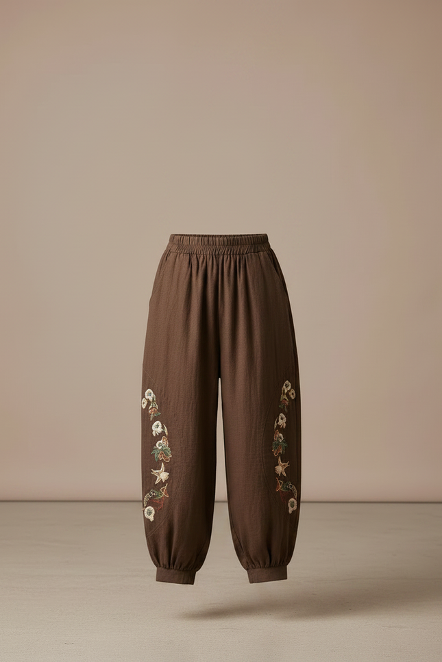 Pantalon Chinois Marron Brodé Ample Coton Enfant - Lin - vue 3