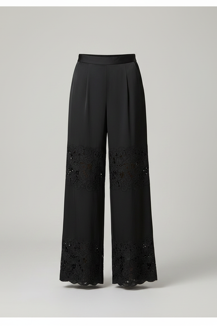 Pantalon Chinois Noir Dentelle Fluide Élégant Femme - Satin - vue 3