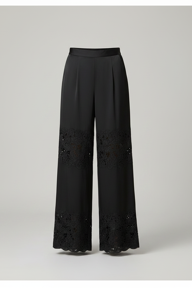 Pantalon Chinois Noir Dentelle Fluide Élégant Femme - Satin - vue 3